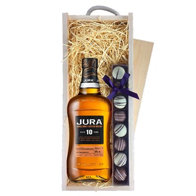 Jura 10 Year Old Whisky & Heart Truffles, Wooden Box